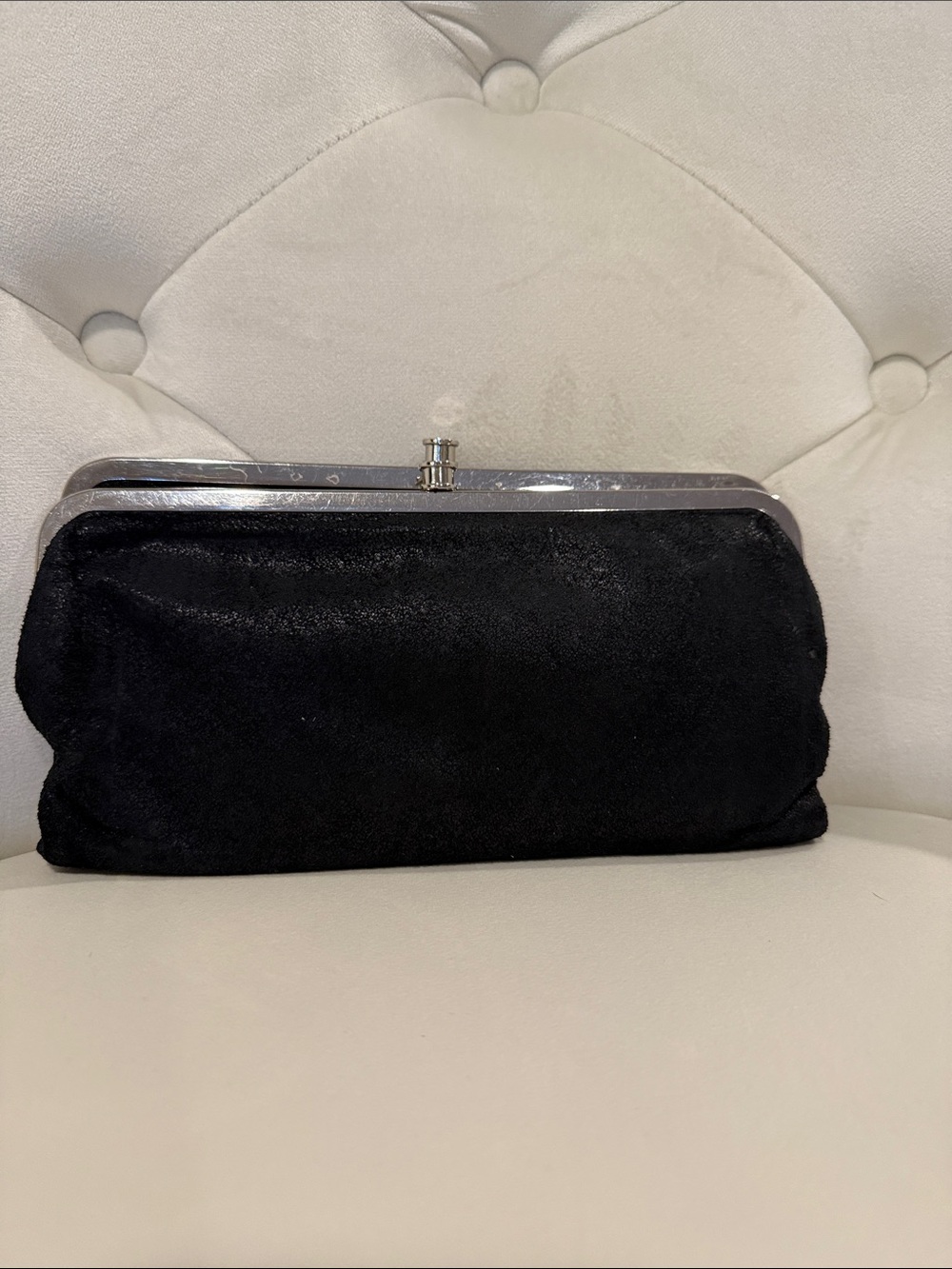 Classic HOBO Black Suede Clutch Bag / wallet with Silver Frame
